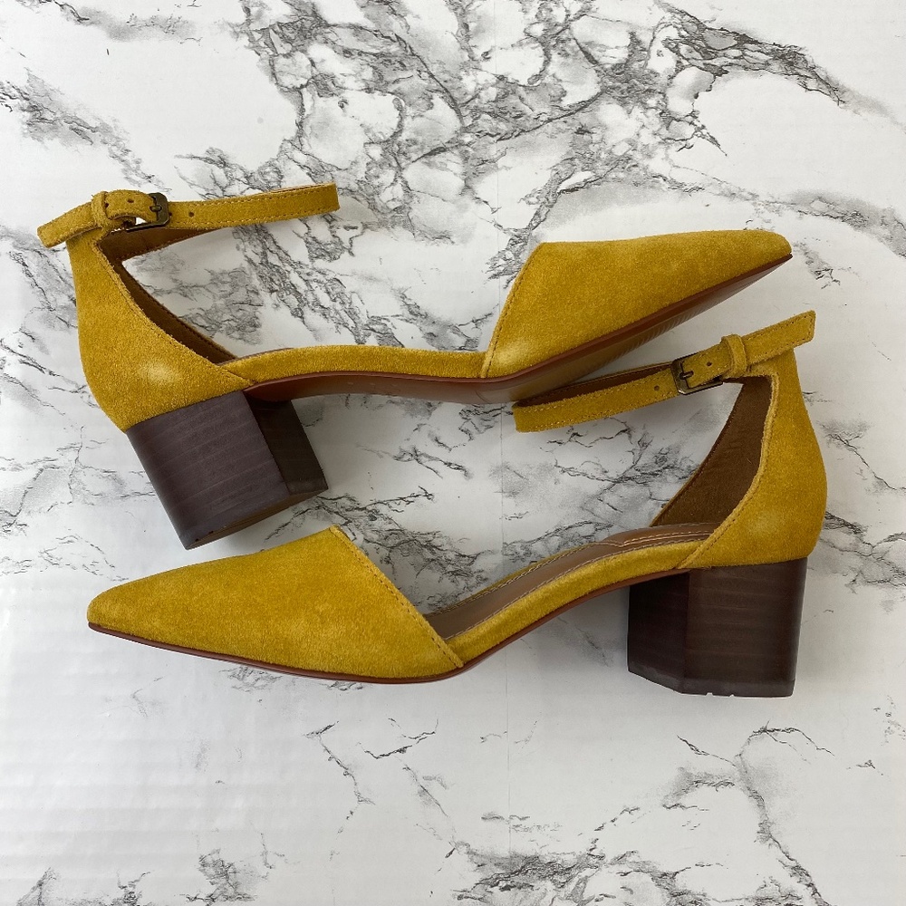 Yellow Suede Pointed Toe Strap Heel